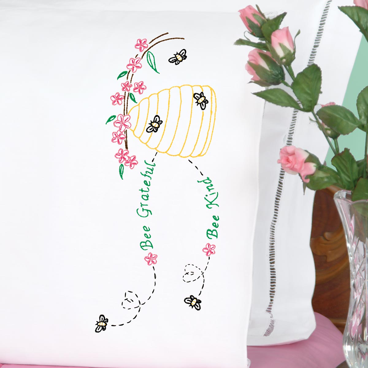 Bee Grateful Perle Edge Pillowcases - Embroidery Kit