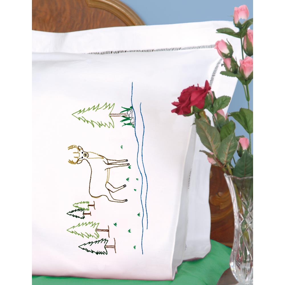 Deer - Stamped Pillowcases w White Perle Edge