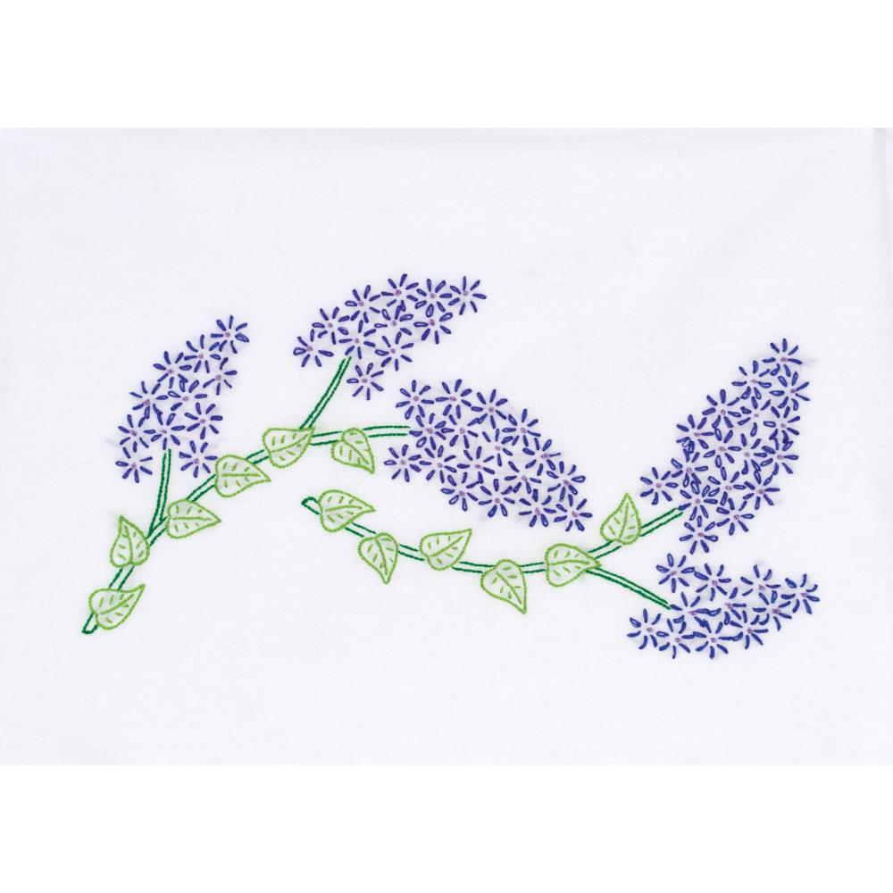Lilacs Stamped Pillowcases White Perle Edge - Embroidery Kit