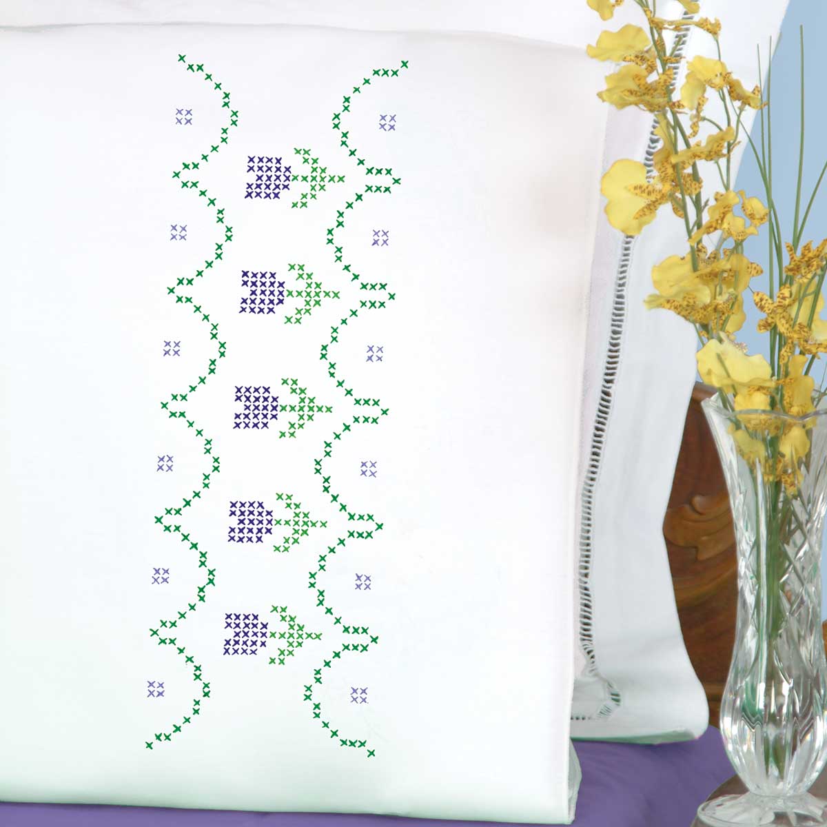 Cross-Stitch Tulips - Perle Edge Pillowcase - Embroidery Kit, zoomed in. Select this picture to zoom back out.