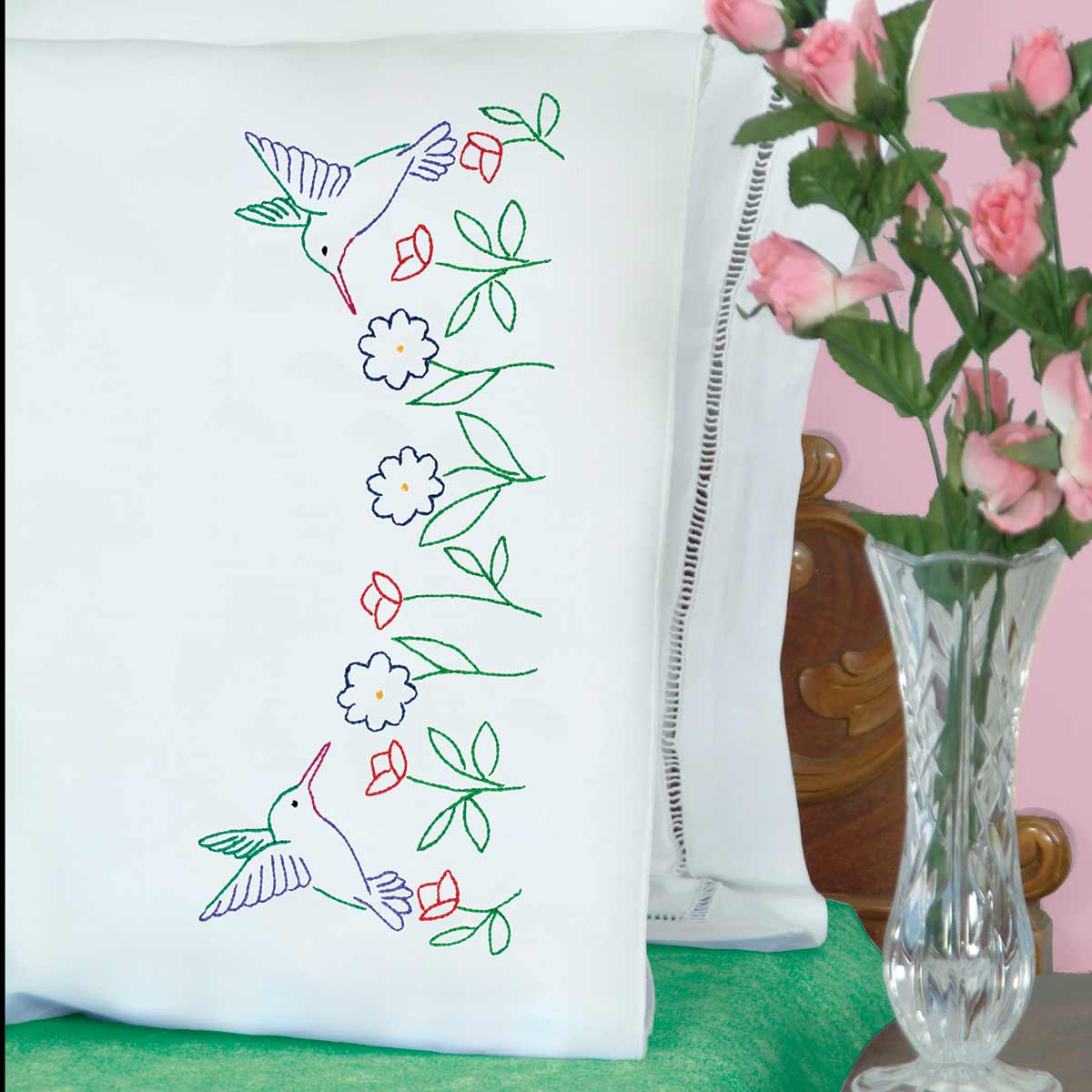 Hummingbirds Perle Edge Pillowcases - Embroidery Kit, zoomed in. Select this picture to zoom back out.