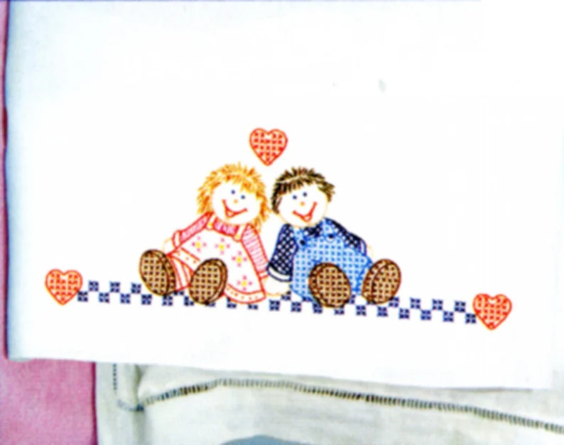 Ann & Andy Children's Pillowcase - Embroidery Kit, zoomed in. Select this picture to zoom back out.