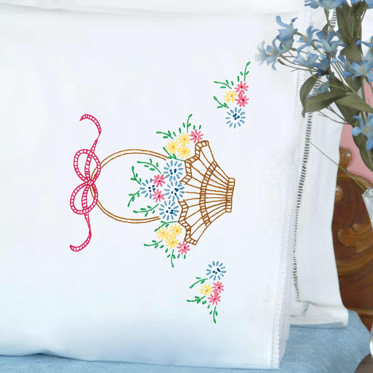 Basket Of Daisies Lace Edge Pillowcases - Embroidery Kit