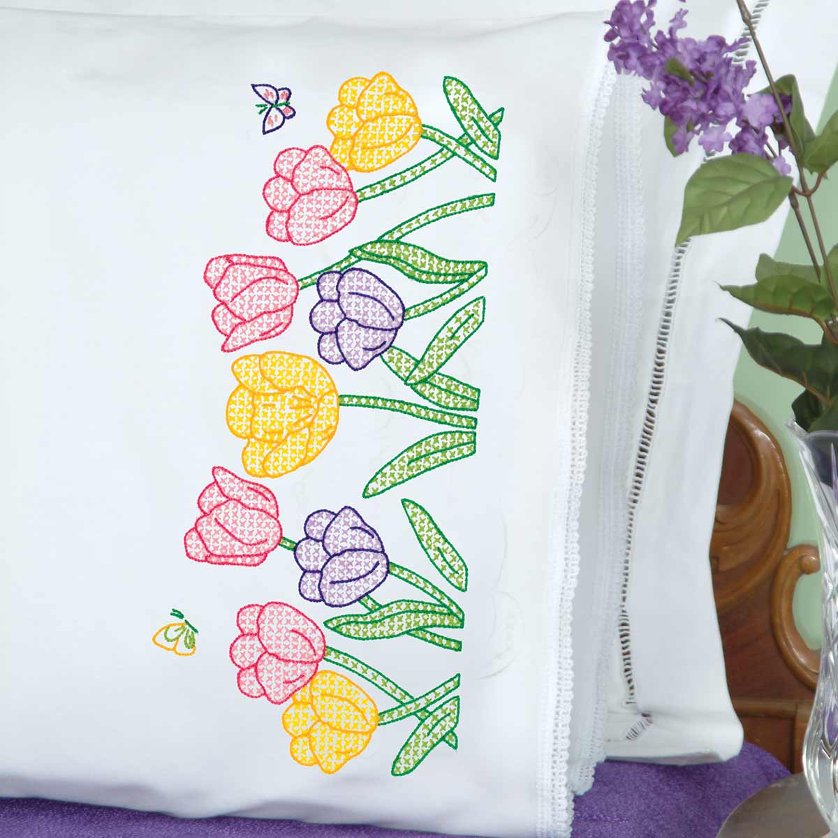 Beautiful Blooms Lace Edge Pillowcases - Embroidery Kit
