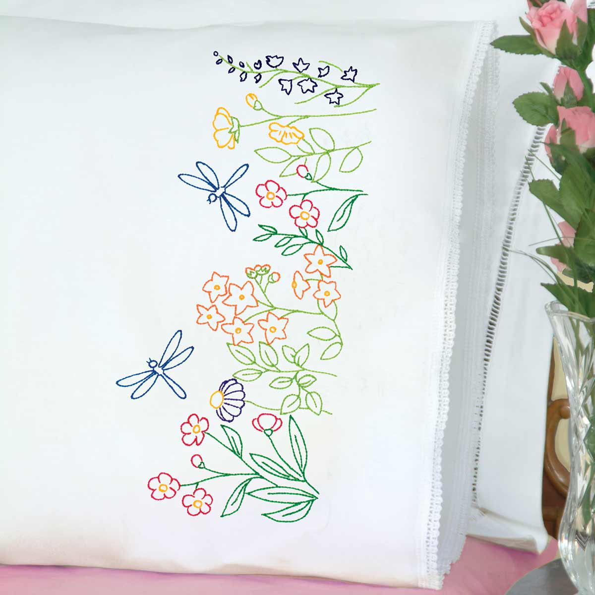 Dragonflies - Lace Edge Pillowcases - Embroidery Kit, zoomed in. Select this picture to zoom back out.