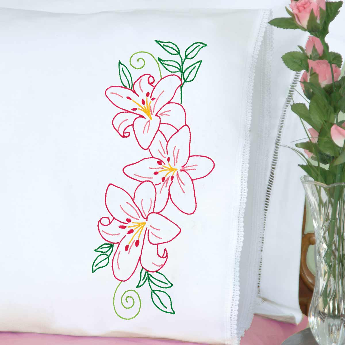 Lilies Lace Edge Pillowcase - Embroidery Kit