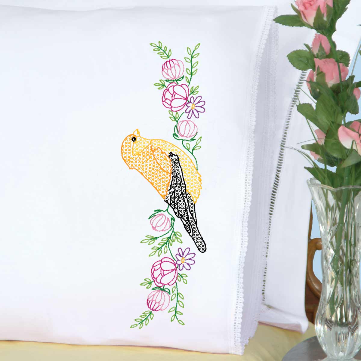 Finch Lace Edge Pillowcase - Embroidery Kit