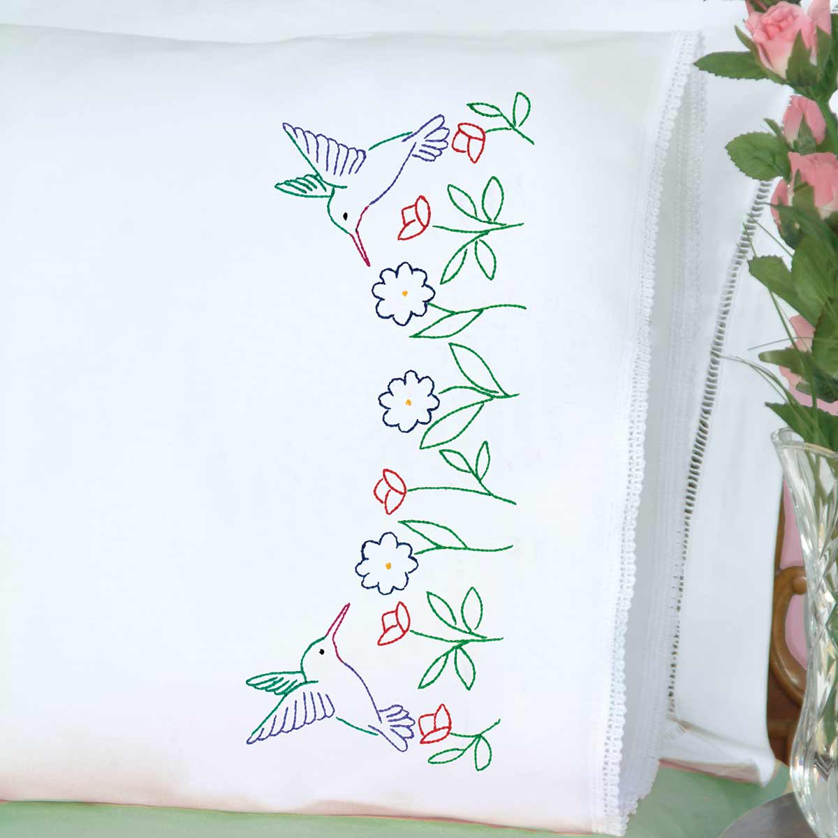 Hummingbirds - Lace Edge Pillowcases - Embroidery Kit, zoomed in. Select this picture to zoom back out.