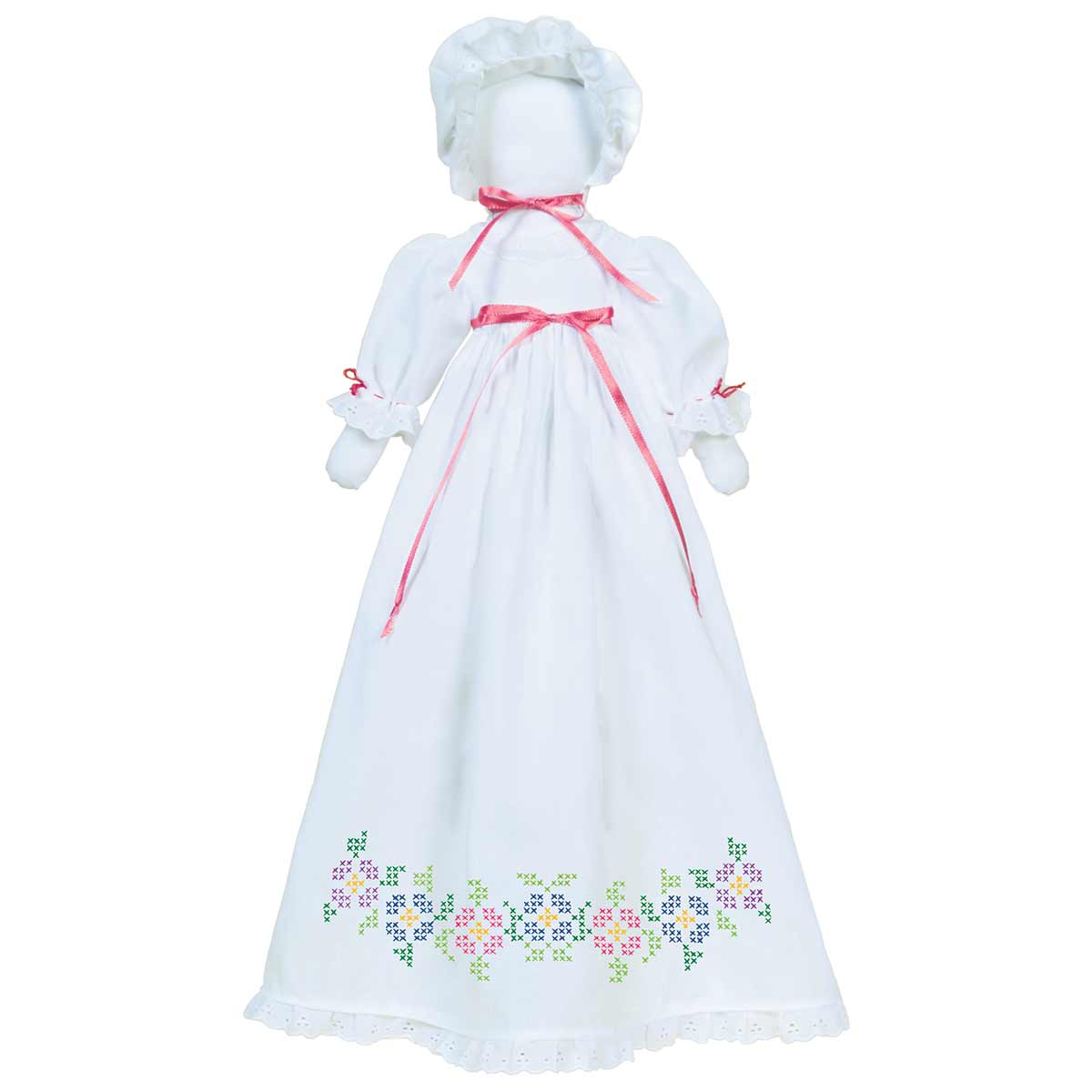 Cross-Stitch Flowers Pillowcase Doll - Embroidery Kit, zoomed in. Select this picture to zoom back out.