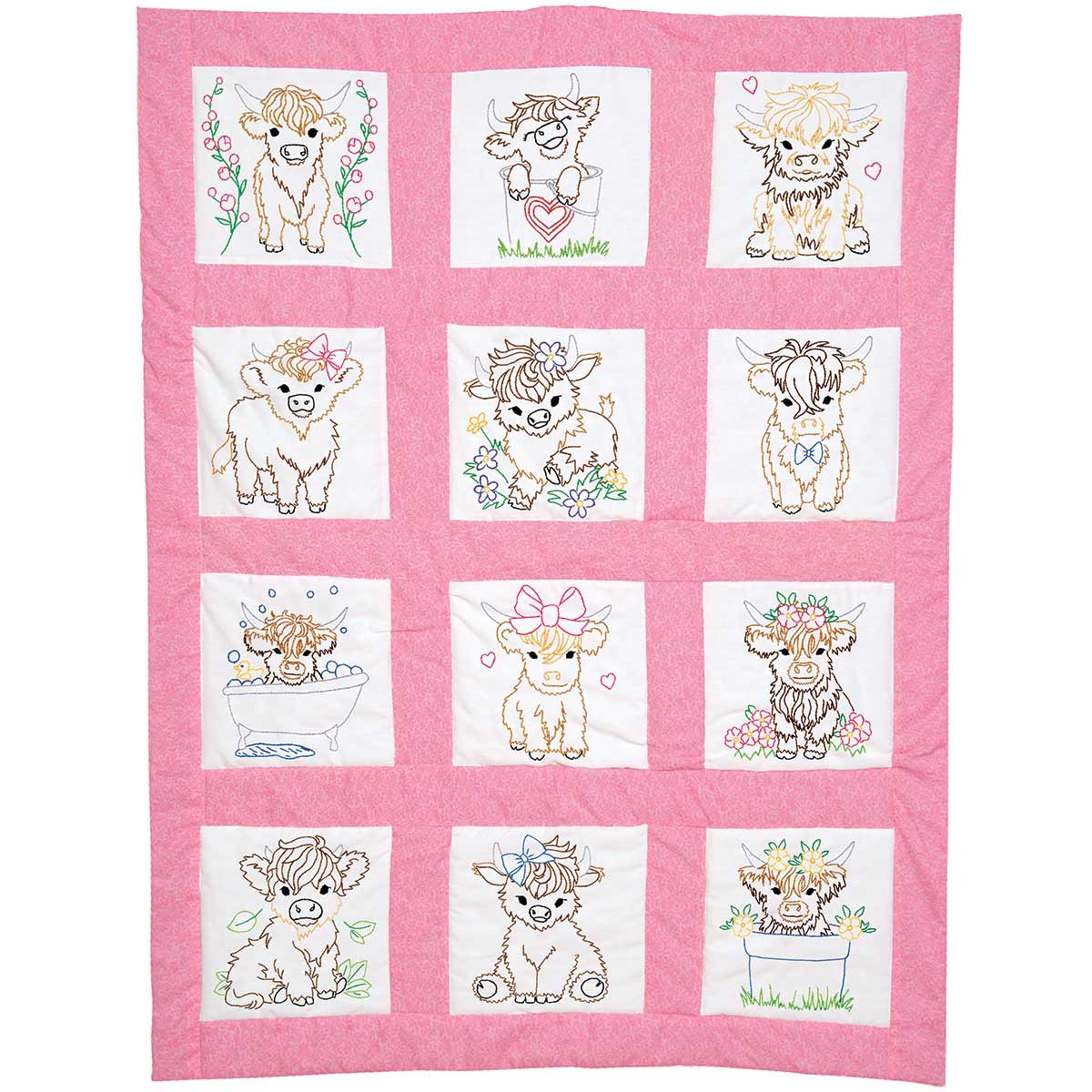 Baby Highland Cows - Nursery Quilt Blocks - Embroidery Kit, zoomed in. Select this picture to zoom back out.