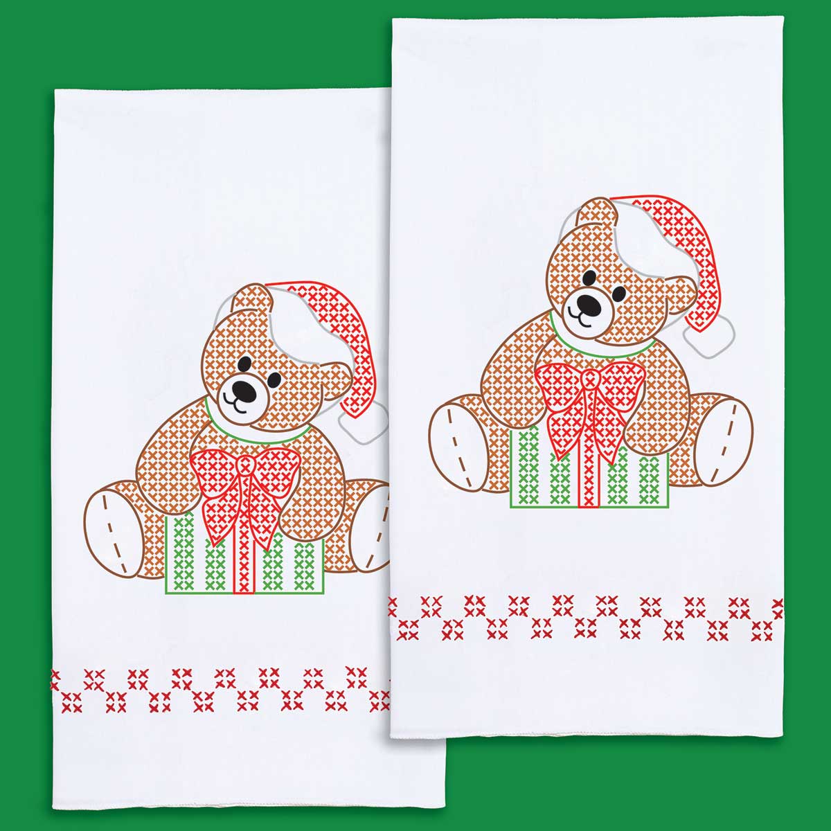 Holiday Teddy - Christmas Hand Towels - Embroidery Kit, zoomed in. Select this picture to zoom back out.