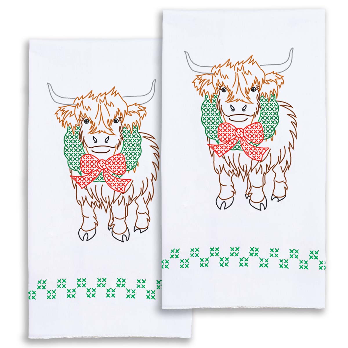 Highland Cow Christmas Hand Towels - Embroidery Kit, zoomed in. Select this picture to zoom back out.