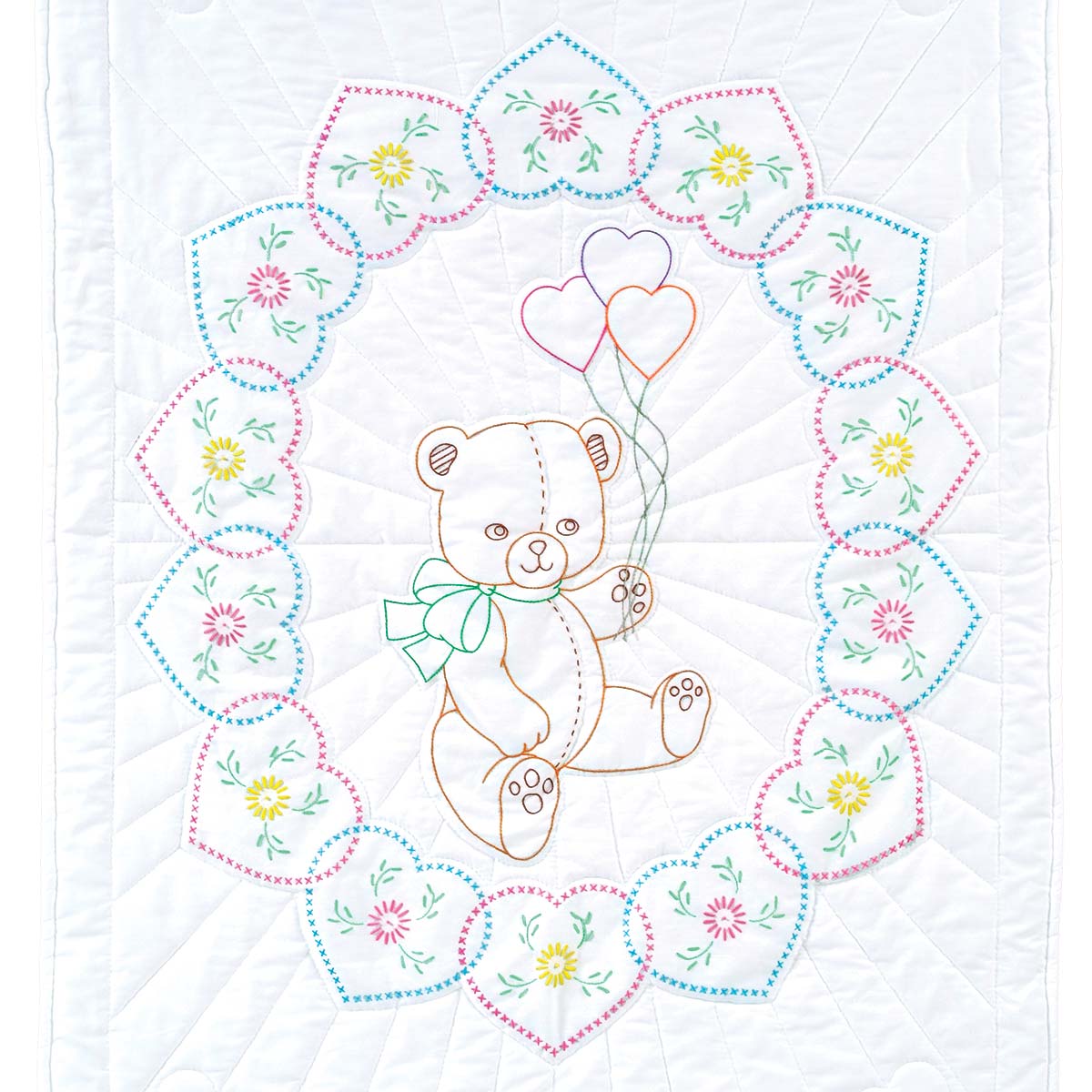 Bear with Balloons Quilt Top - Embroidery Kit, zoomed in. Select this picture to zoom back out.