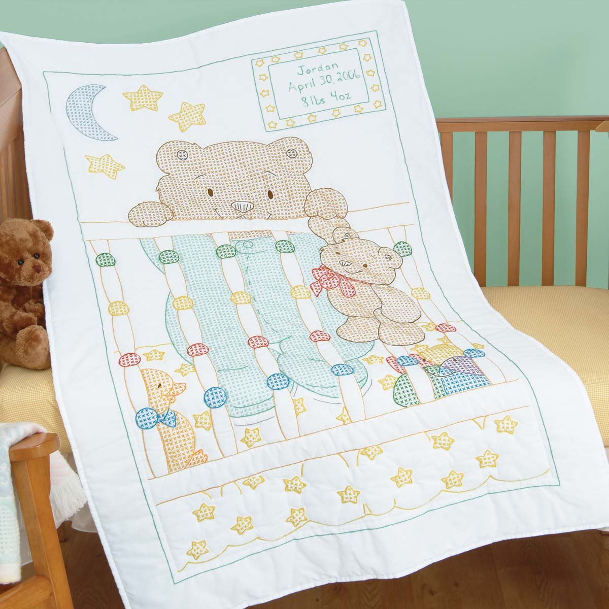 Peek-A-Boo Teddy - Crib Quilt Top - Embroidery Kit, zoomed in. Select this picture to zoom back out.