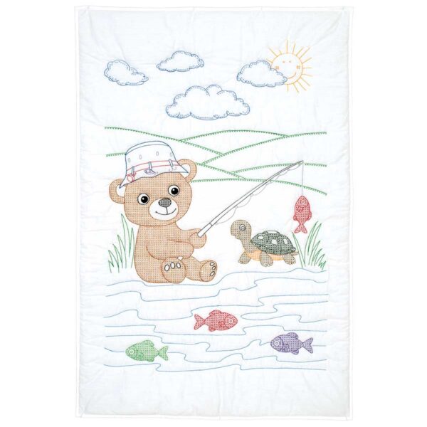Fishing Bear Quilt Top - Embroidery Kit, different perspective #1, zoomed in. Select this picture to zoom back out.