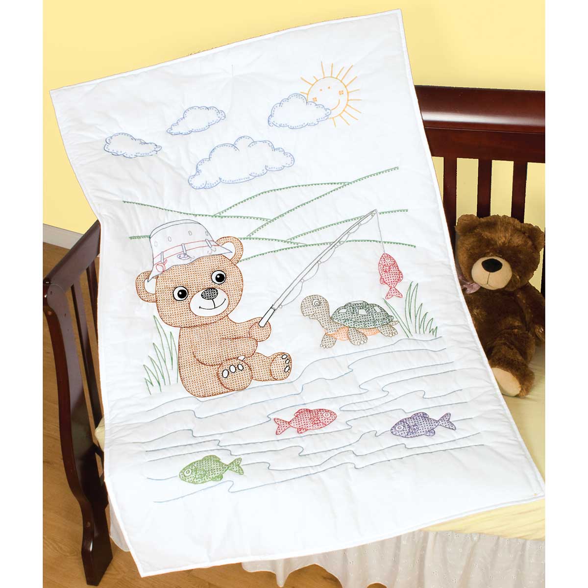 Fishing Bear Quilt Top - Embroidery Kit, zoomed in. Select this picture to zoom back out.
