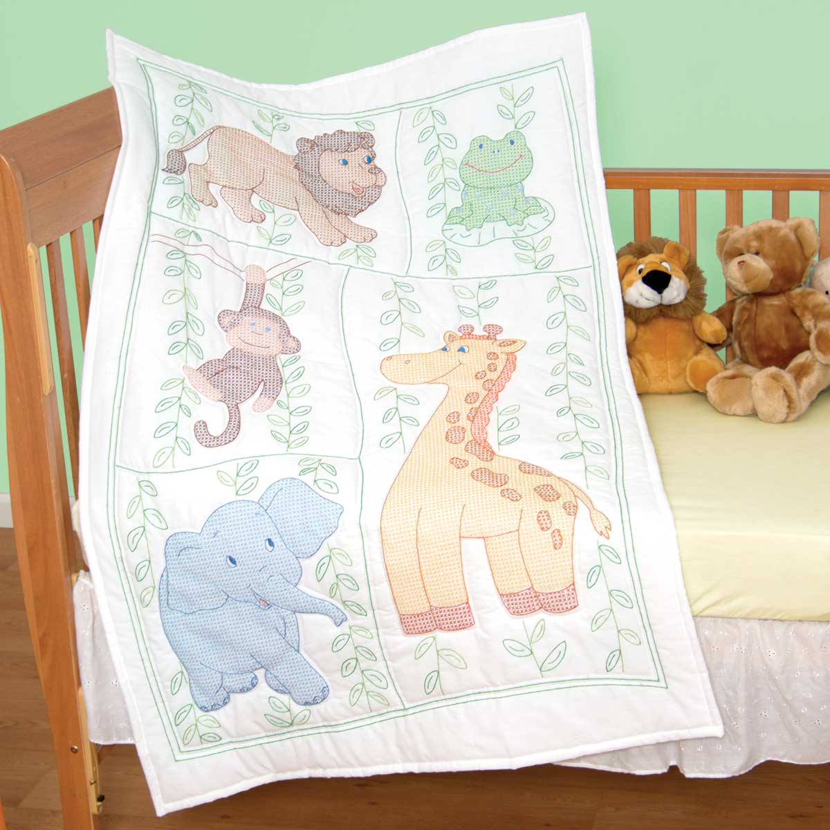 Jungle Fun Quilt Top - Embroidery Kit, zoomed in. Select this picture to zoom back out.
