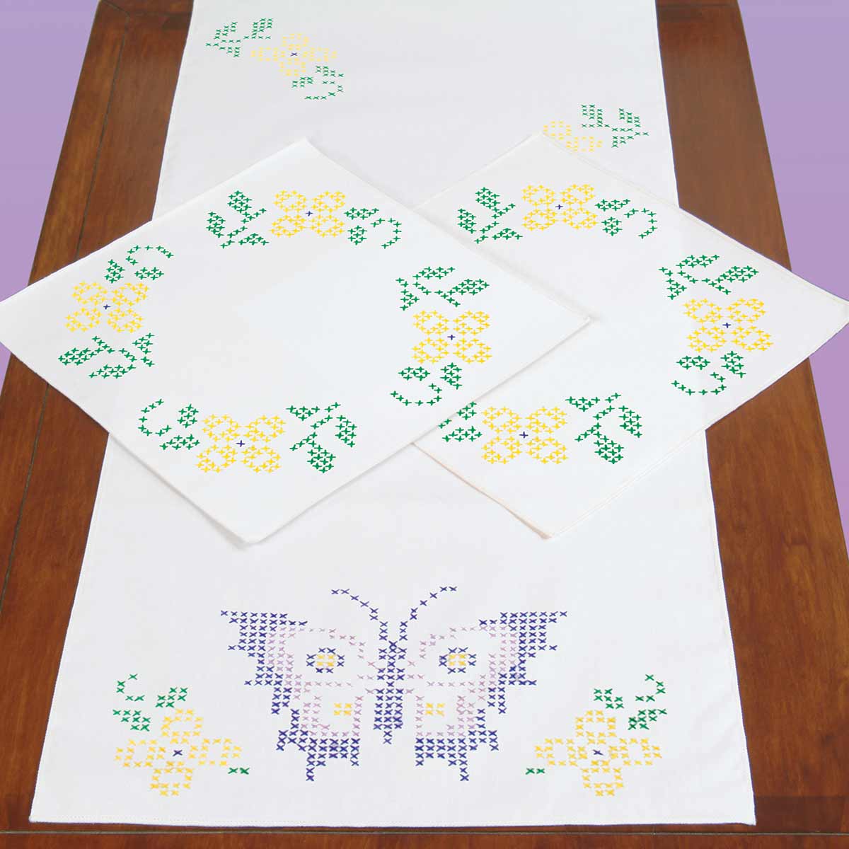 Cross-Stitch Butterfly Scarf & Doily Set - Embroidery Kit