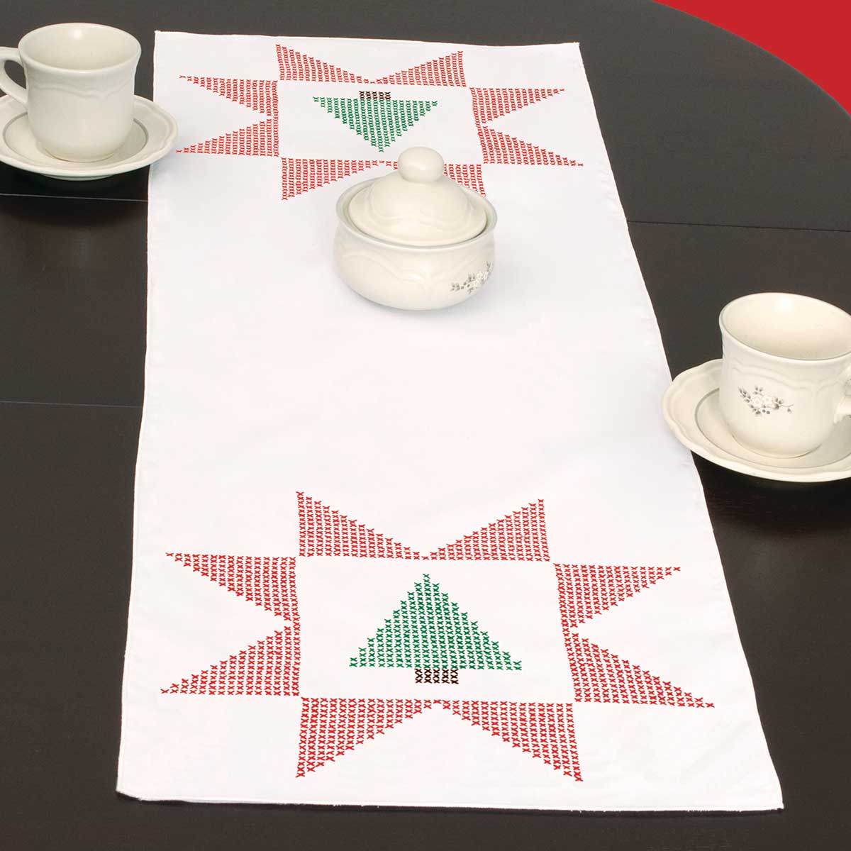 X Stitch Christmas Tree - Table Runner - Embroidery Kit, zoomed in. Select this picture to zoom back out.