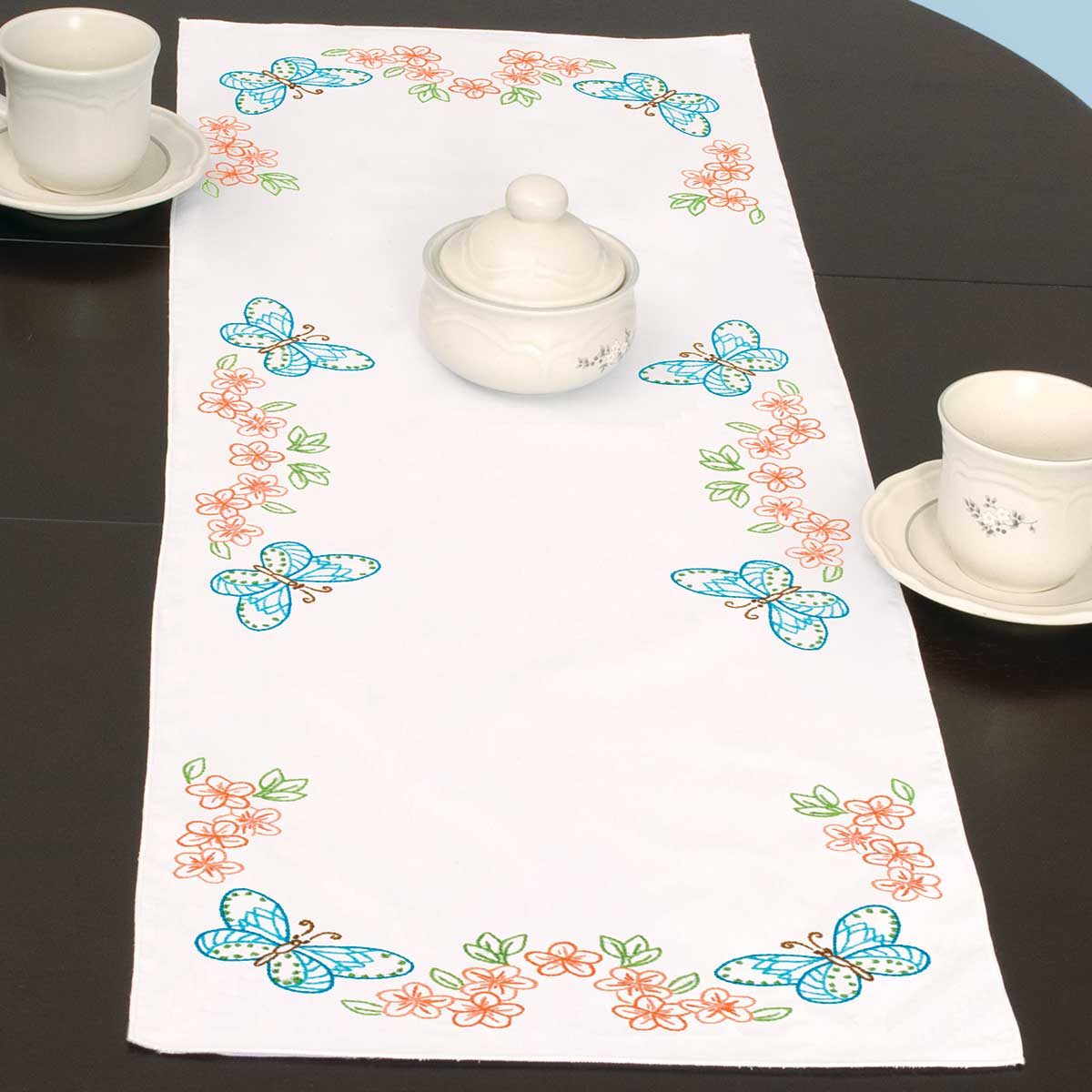 Butterflies & Flowers- Table Runner - Embroidery Kit, zoomed in. Select this picture to zoom back out.