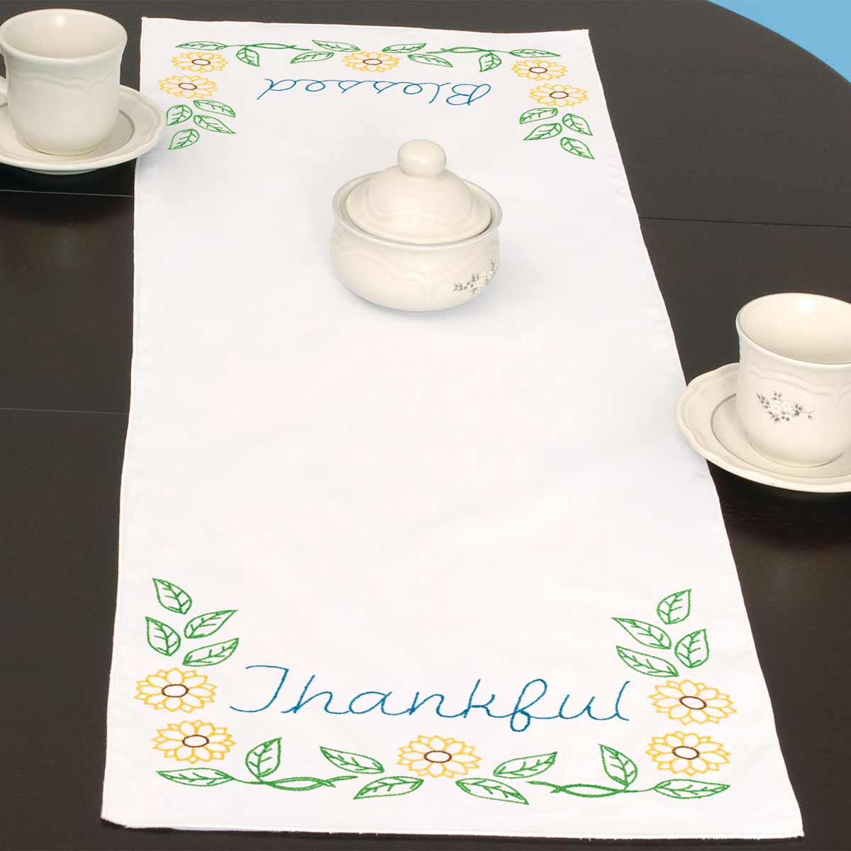 Thankful and Blessed Table Runner - Embroidery Kit, zoomed in. Select this picture to zoom back out.