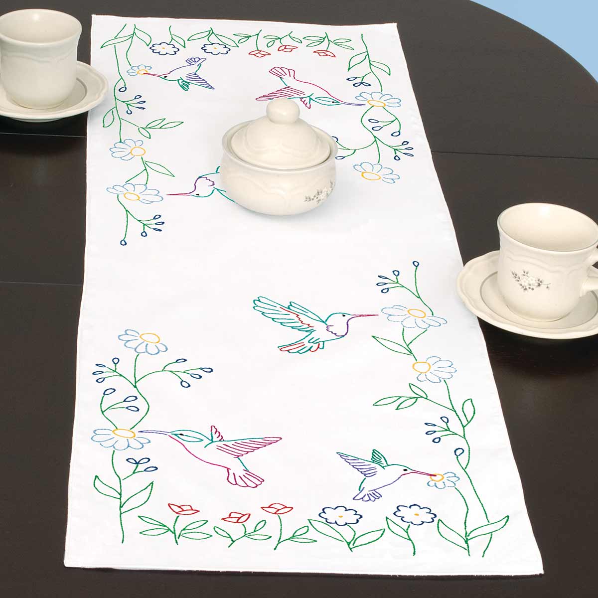 Hummingbirds - Table Runner - Embroidery Kit, zoomed in. Select this picture to zoom back out.