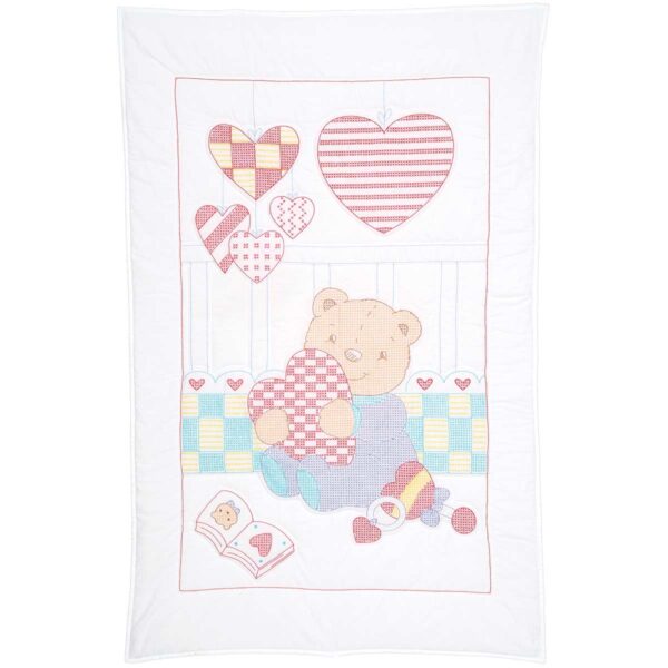 Bear & Hearts - Crib Quilt Top - Embroidery Kit, different perspective #1, zoomed in. Select this picture to zoom back out.