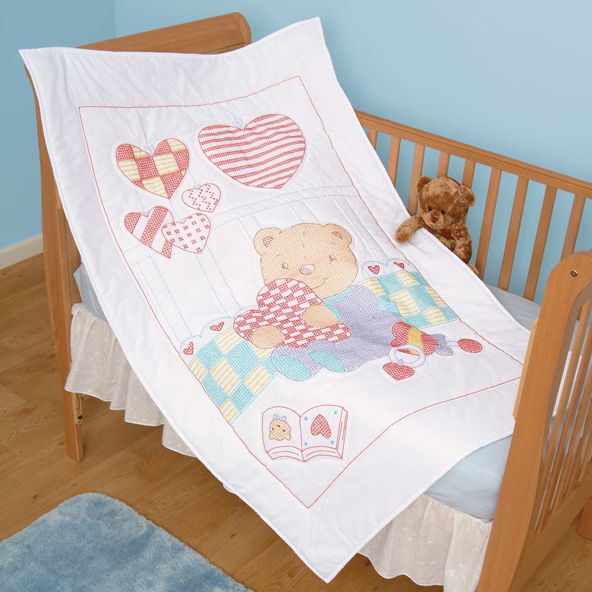 Bear & Hearts - Crib Quilt Top - Embroidery Kit, zoomed in. Select this picture to zoom back out.