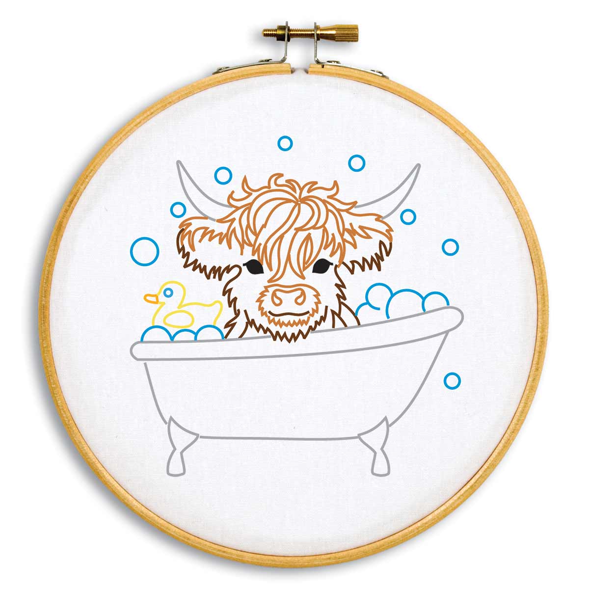 Highland Cow in Tub - Hoop Embroidery Kit, zoomed in. Select this picture to zoom back out.