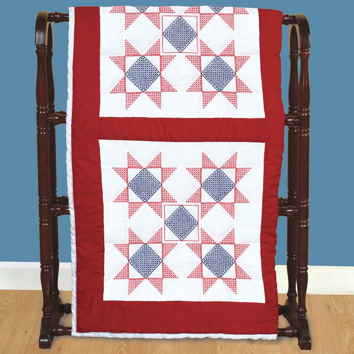 Cross-Stitch Stars Patriotic Quilt Blocks - Embroidery Kit, different perspective #2, zoomed in. Select this picture to zoom back out.