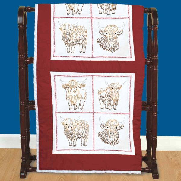 4 Highland Cows - 18" Quilt Blocks - Embroidery Kit, different perspective #1, zoomed in. Select this picture to zoom back out.