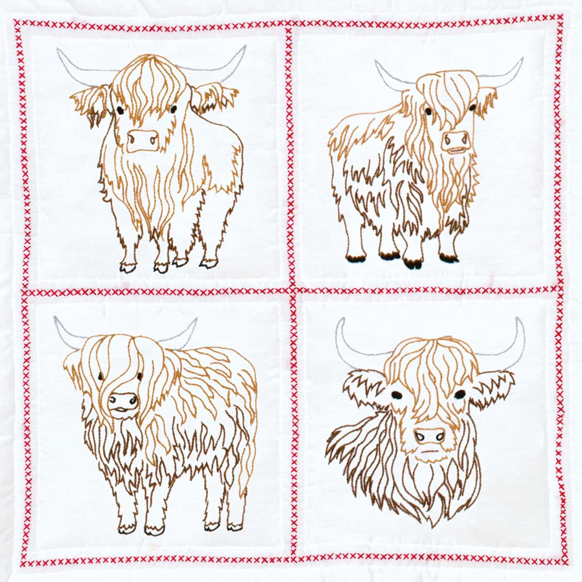 4 Highland Cows - 18" Quilt Blocks - Embroidery Kit, zoomed in. Select this picture to zoom back out.