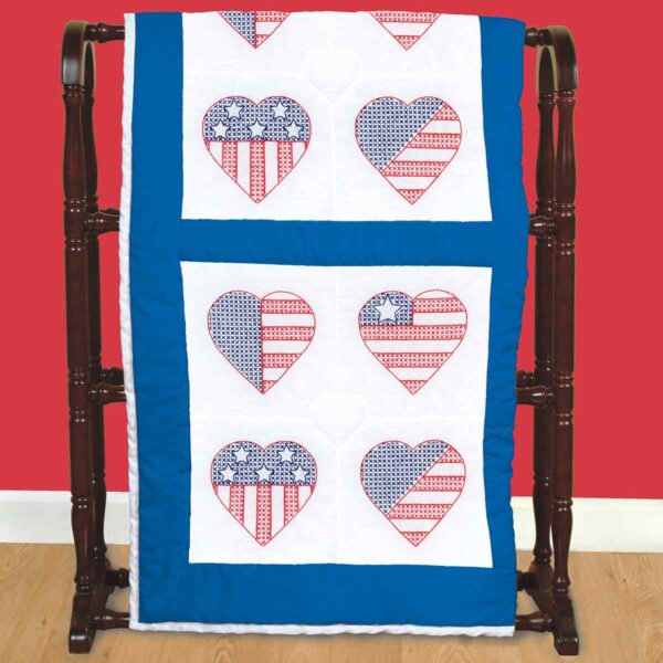 USA Hearts - 18" Quilt Blocks - Patriotic Embroidery Kit, different perspective #1, zoomed in. Select this picture to zoom back out.
