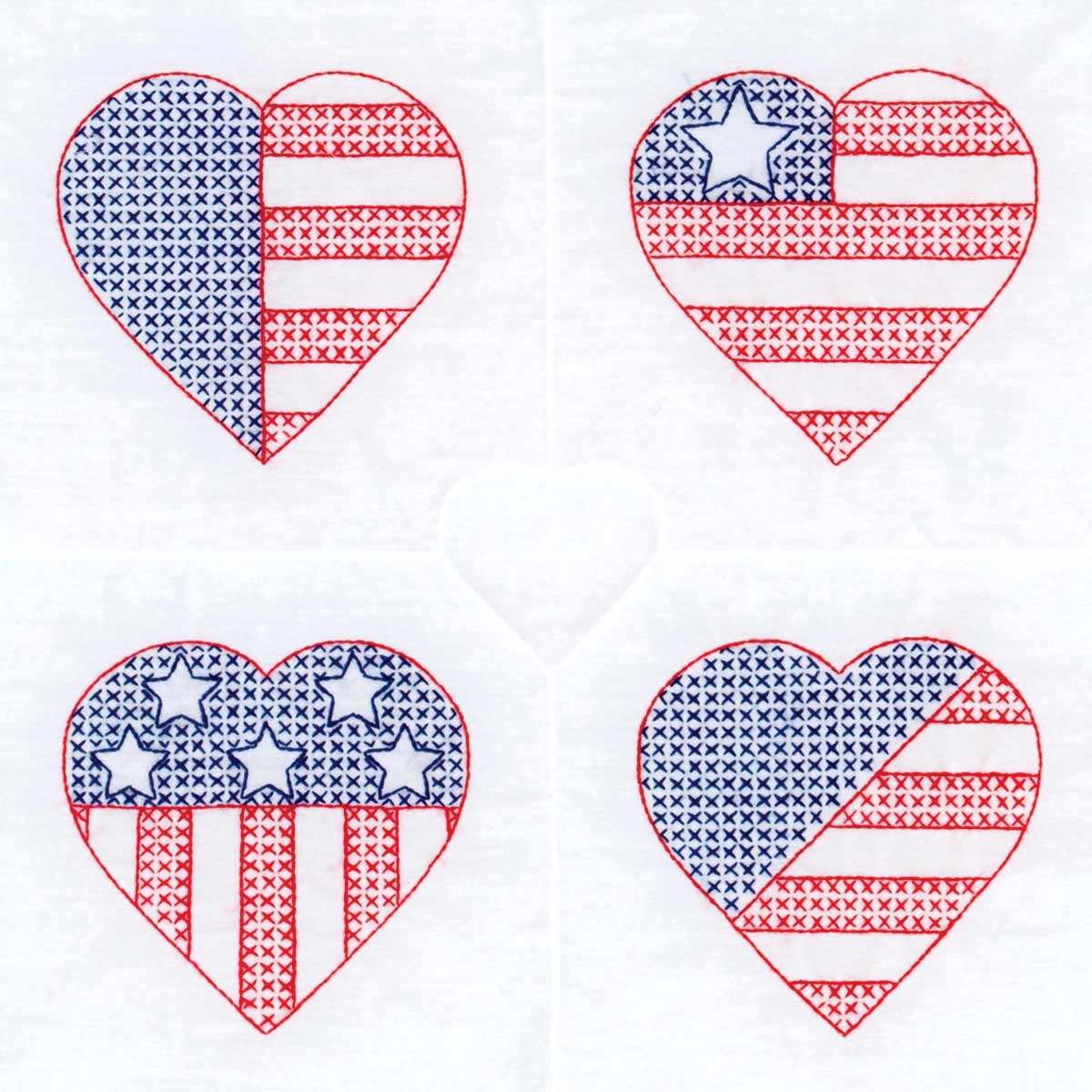 USA Hearts - 18" Quilt Blocks - Patriotic Embroidery Kit, zoomed in. Select this picture to zoom back out.