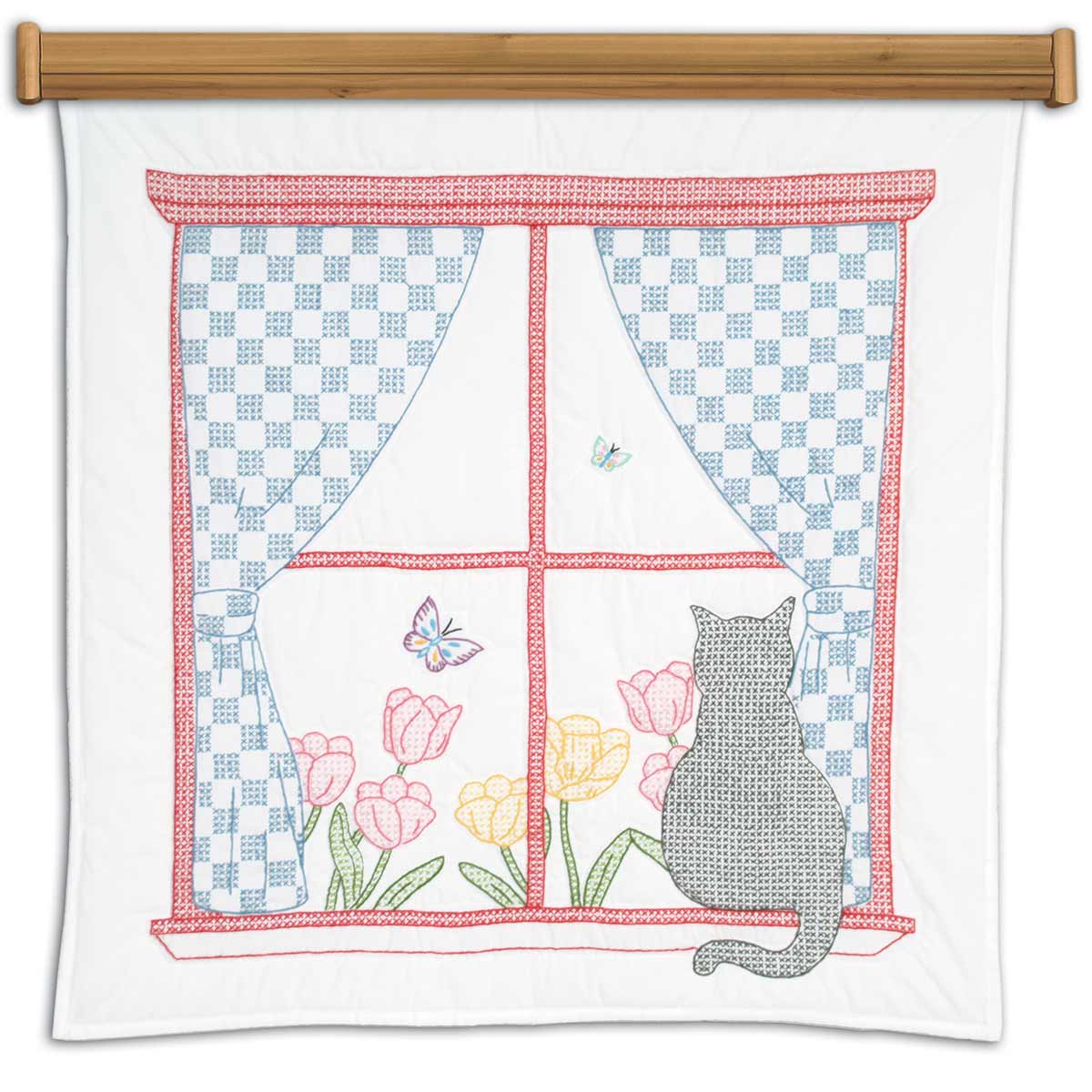 Cat in a Window - Wall Quilt - Embroidery Kit, zoomed in. Select this picture to zoom back out.