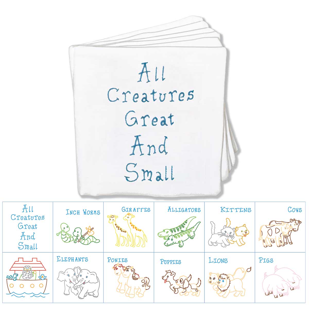 Noah's Ark Cloth Nursery Book - Embroidery Kit, zoomed in. Select this picture to zoom back out.