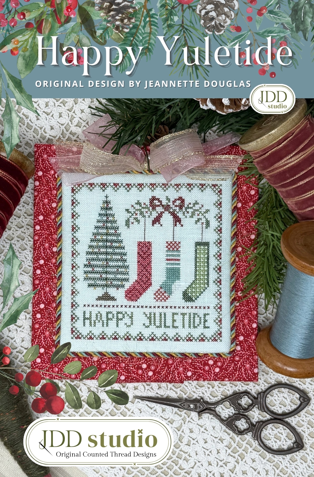 Happy Yuletide - Christmas Cross Stitch Pattern, zoomed in. Select this picture to zoom back out.