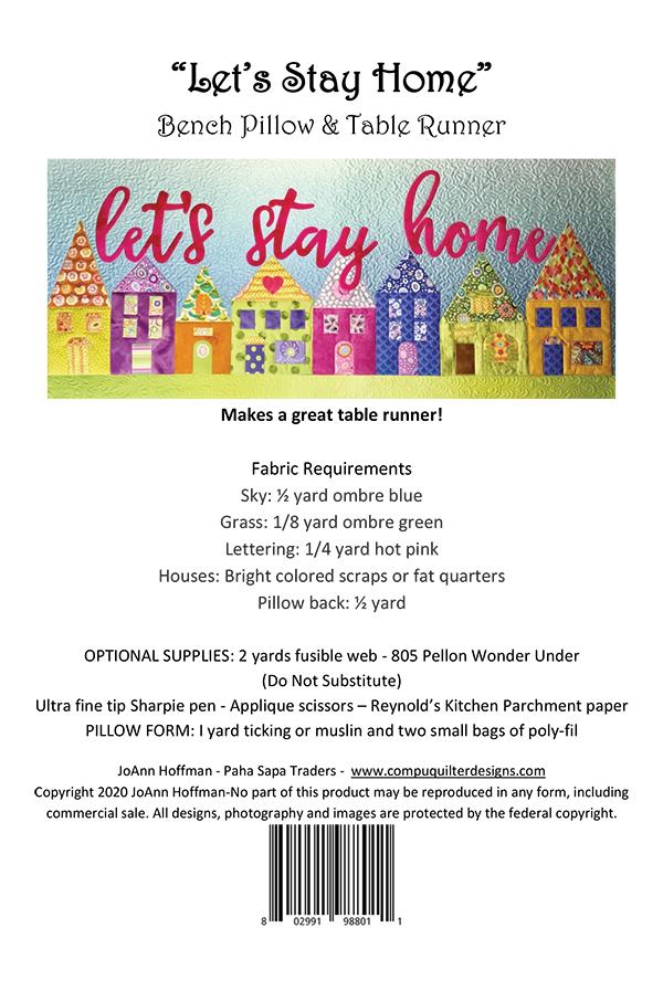 Lets Stay Home Bench Pillow - Quilt Pattern, different perspective #1, zoomed in. Select this picture to zoom back out.