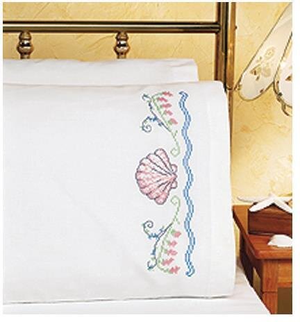 Seashells Pillowcase Pair - Stamped Cross Stitch Kit
