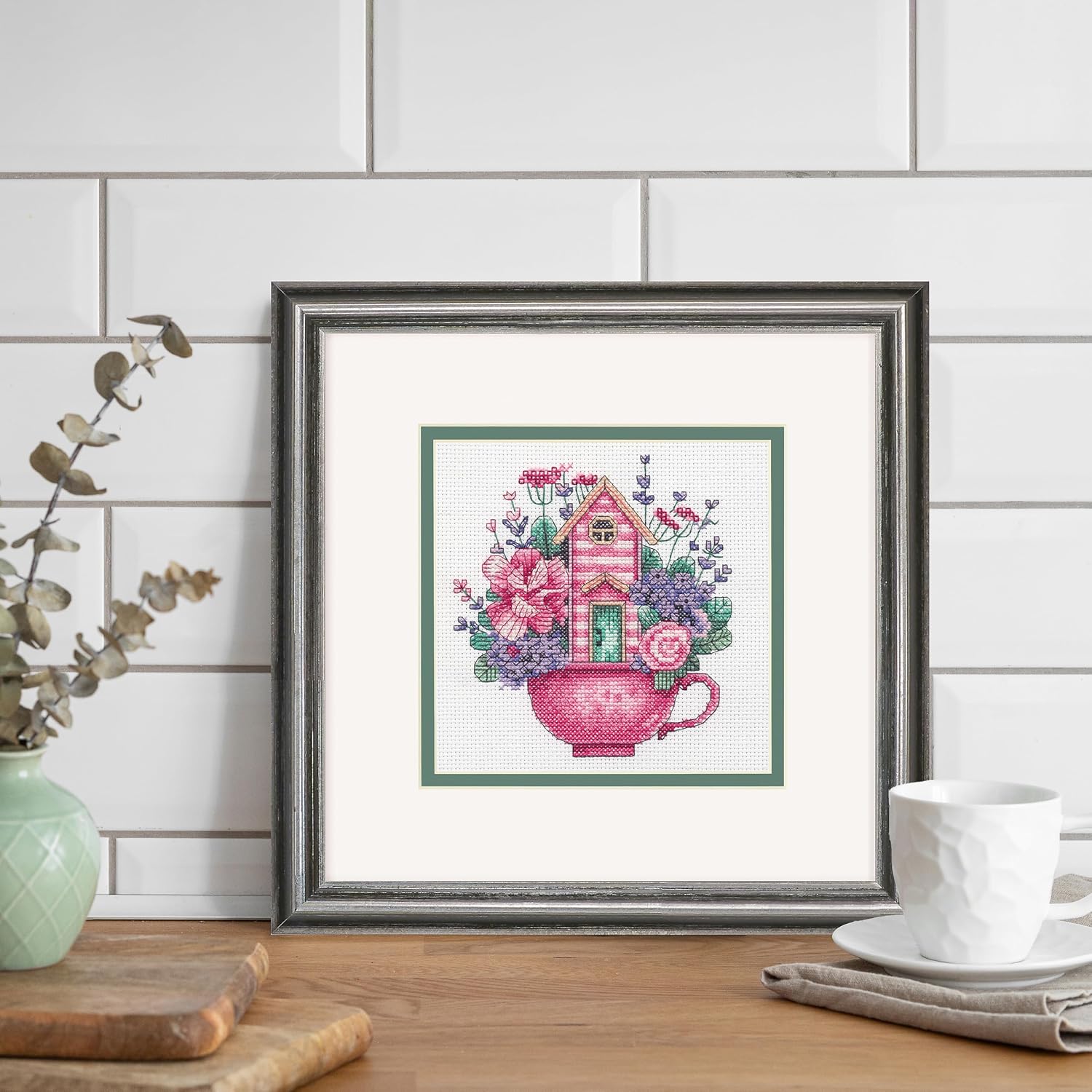 Teacup House - Cross Stitch Kit, zoomed in. Select this picture to zoom back out.