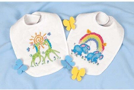 Noah's Ark Bibs Stamped Cross Stitch Kit, zoomed in. Select this picture to zoom back out.