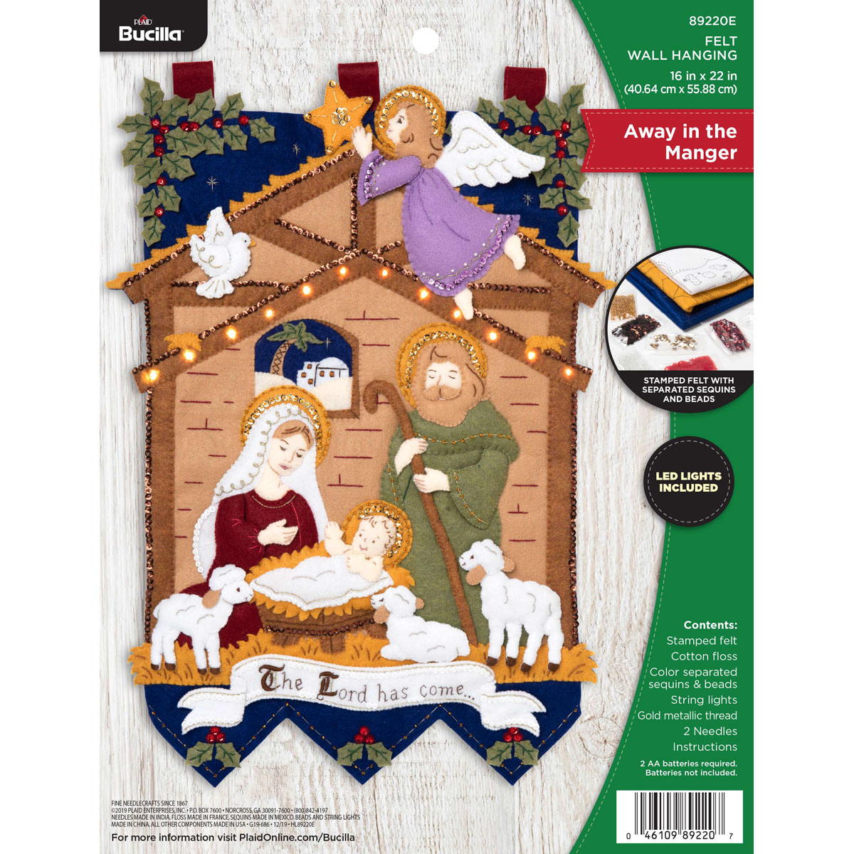 Away In The Manger with LEDs Wall Hanging - Felt Applique