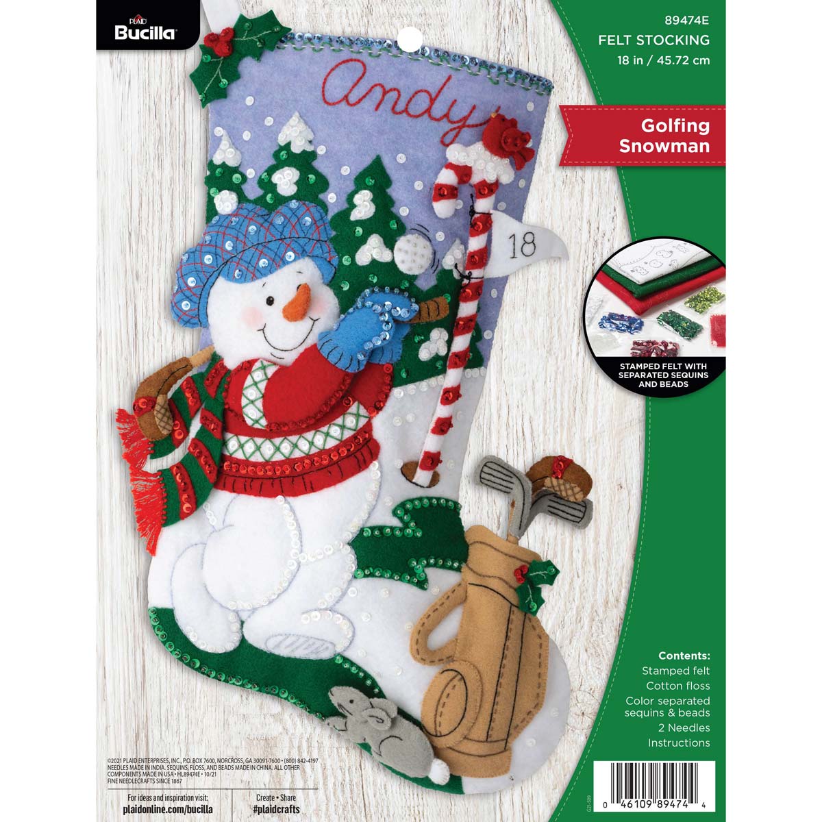 Golfing Snowman Christmas Stocking - Felt Applique Kit
