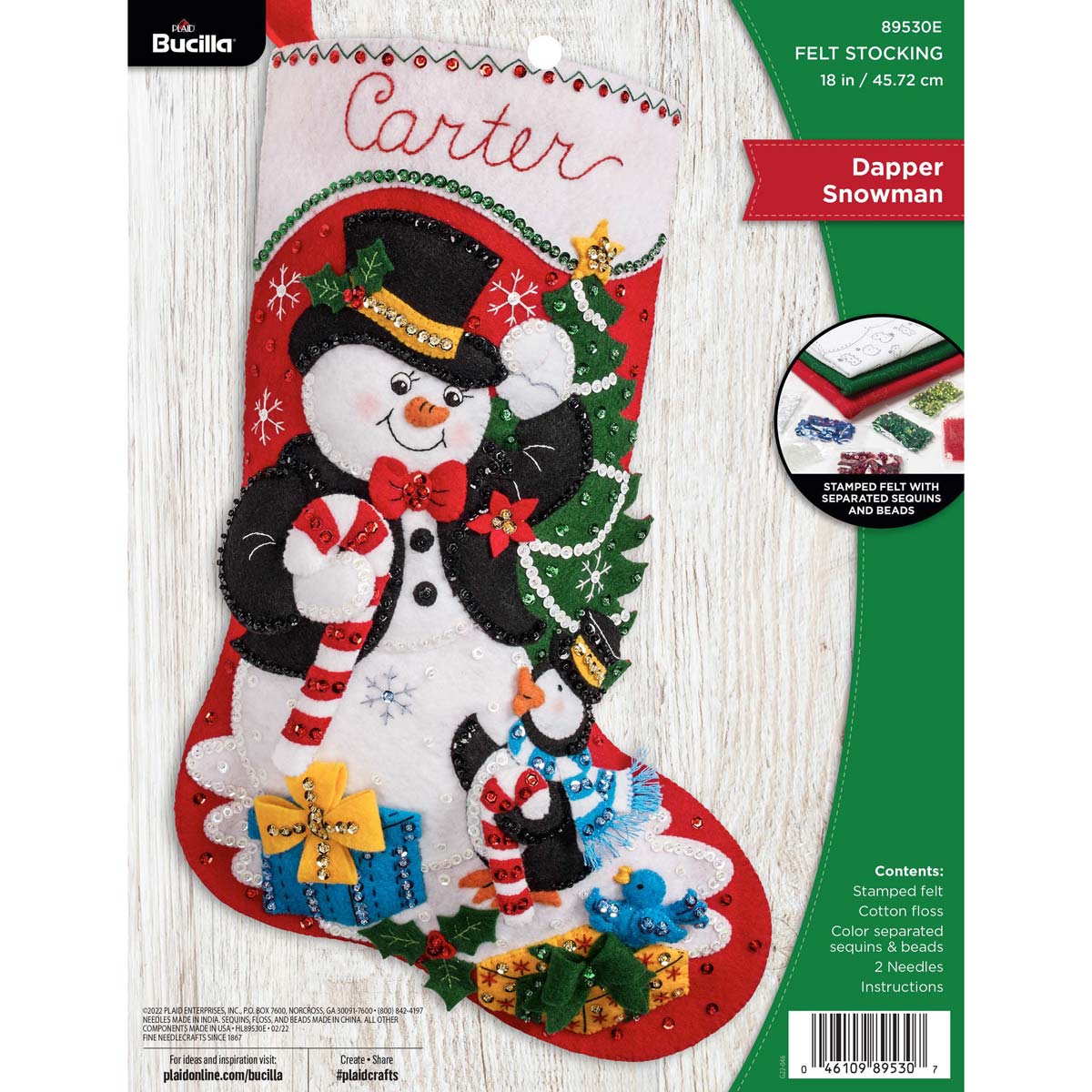 Dapper Snowman - Christmas Stocking - Felt Applique Kit