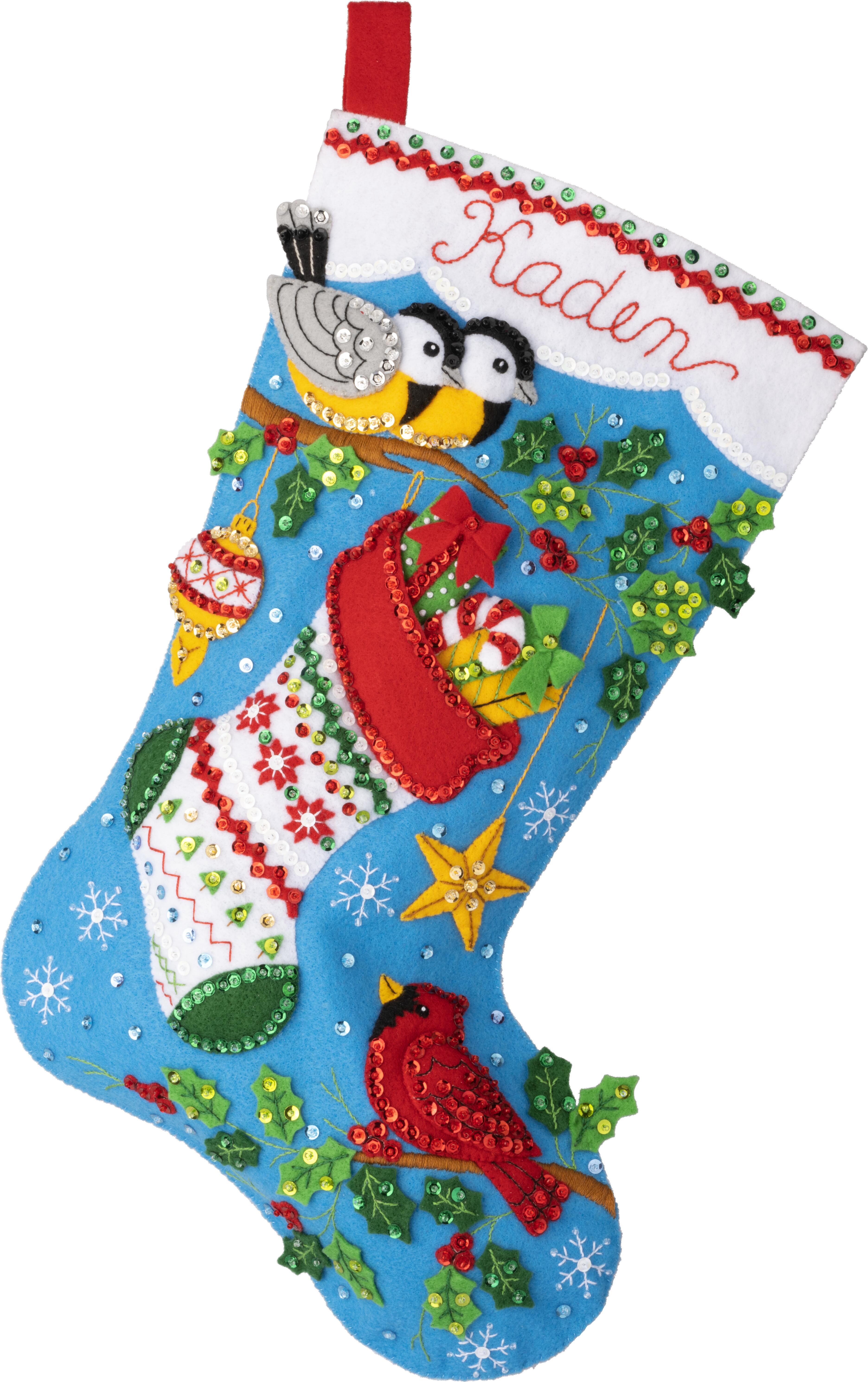 Festive Winter Birds - Christmas Stocking - Felt Applique 