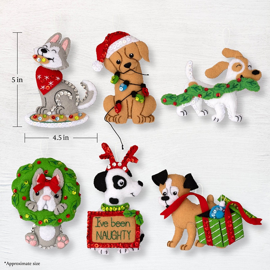 Mischievous Puppies Christmas Ornaments - Felt Applique Kit