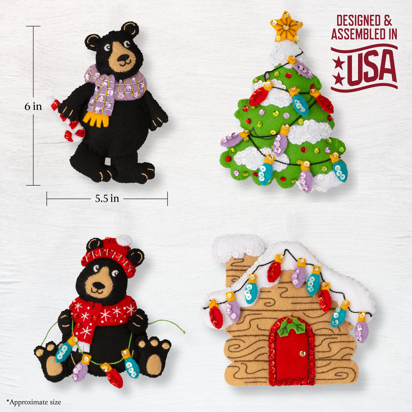Holiday Black Bears - Christmas Ornaments Felt Applique Kit