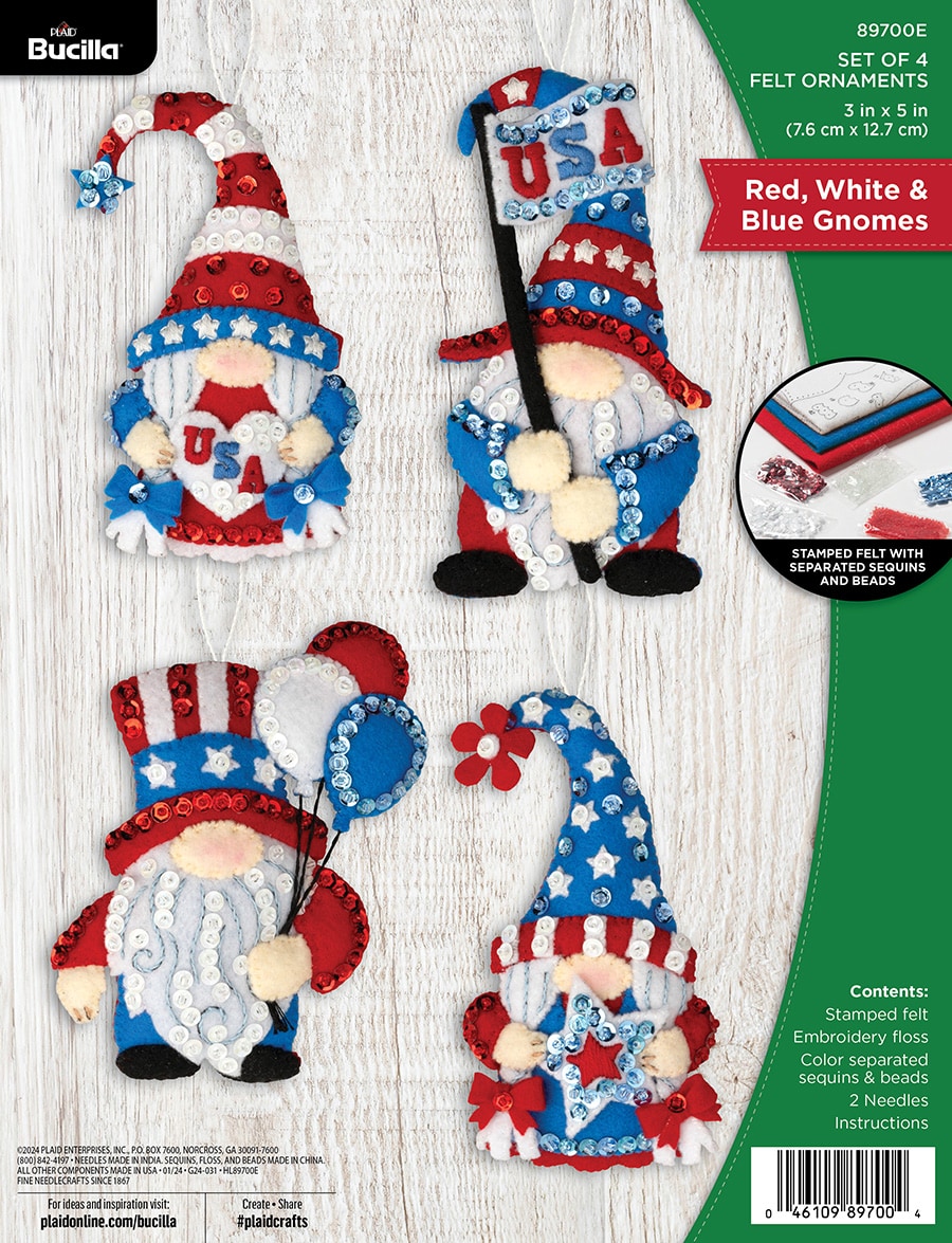 Red, White & Blue Gnomes - Ornaments - Felt Applique Kit