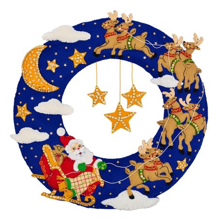 Moonlight Sleigh Ride - Christmas Wreath Felt Applique Kit, zoomed in. Select this picture to zoom back out.