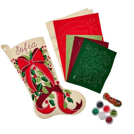 Evergreen Elegance Christmas Stocking Felt Applique Kit, different perspective #1, zoomed in. Select this picture to zoom back out.